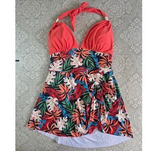 Tropical Floral Halter Swim Dress Coral Monstera Print Plus Size XXL